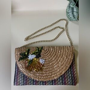 Betsy Johnson Woven Straw Crossbody Clutch with Gold Chain